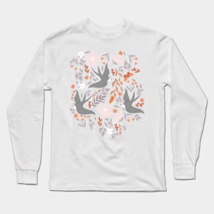 Swallows, meadow flowers and wild butterflies in the night, boho print Long Sleeve T-Shirt